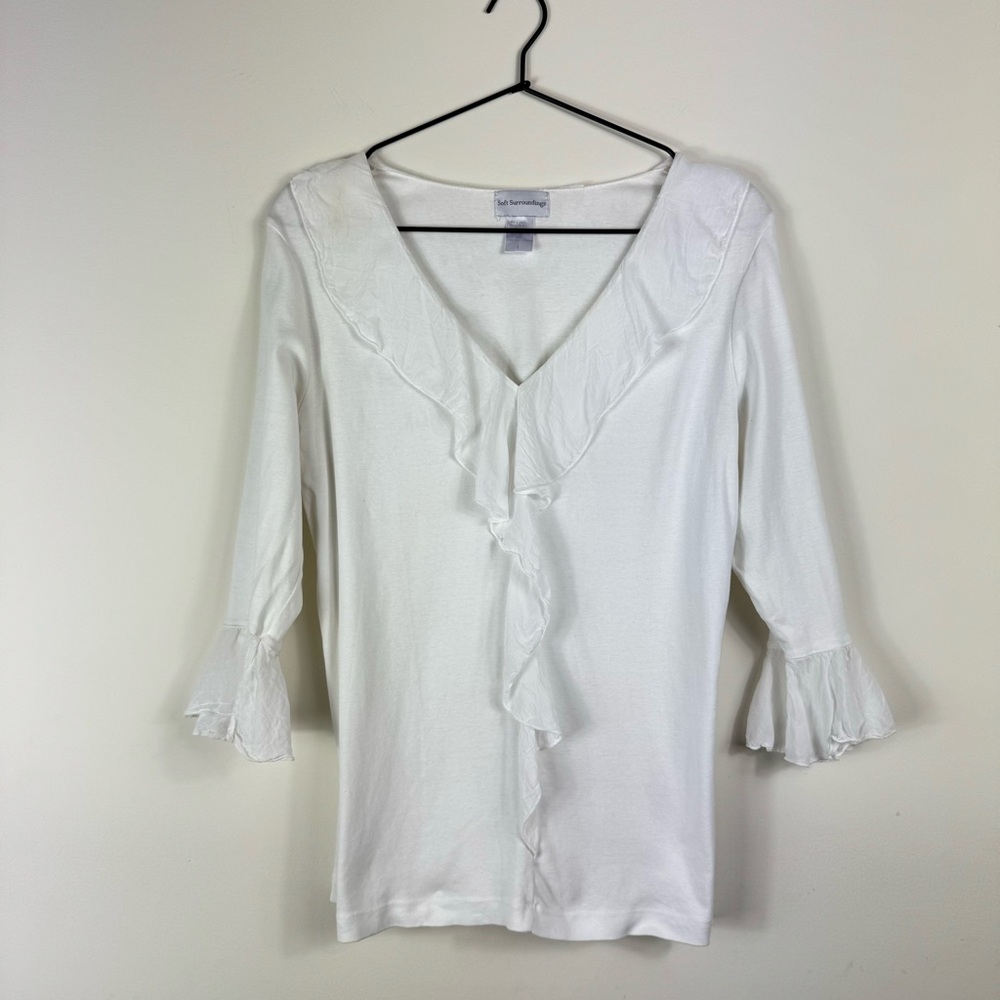 Soft Surroundings White Ruffled V-Neck Top Sz L